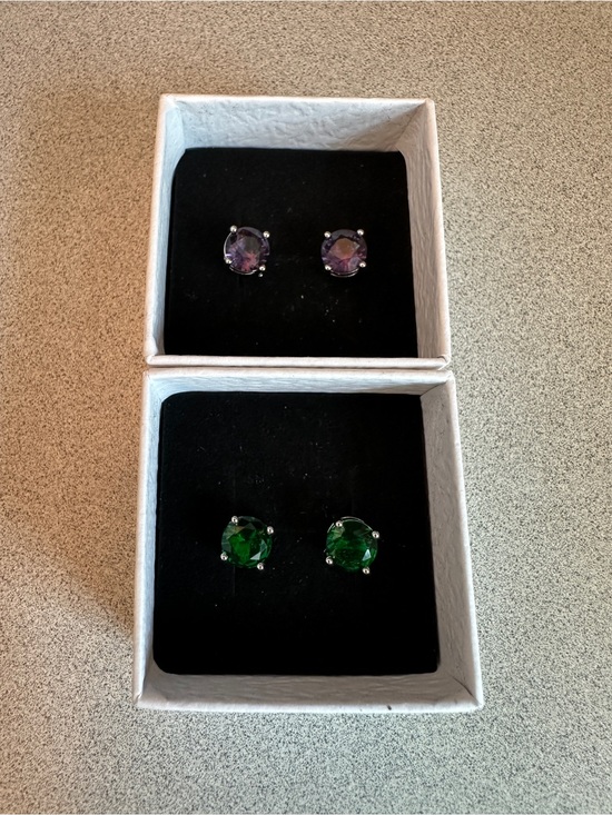 Jewelry - 2 Pairs Crystal Stud Earrings Set‎ Purple & Green Silver Tone Jewelry
